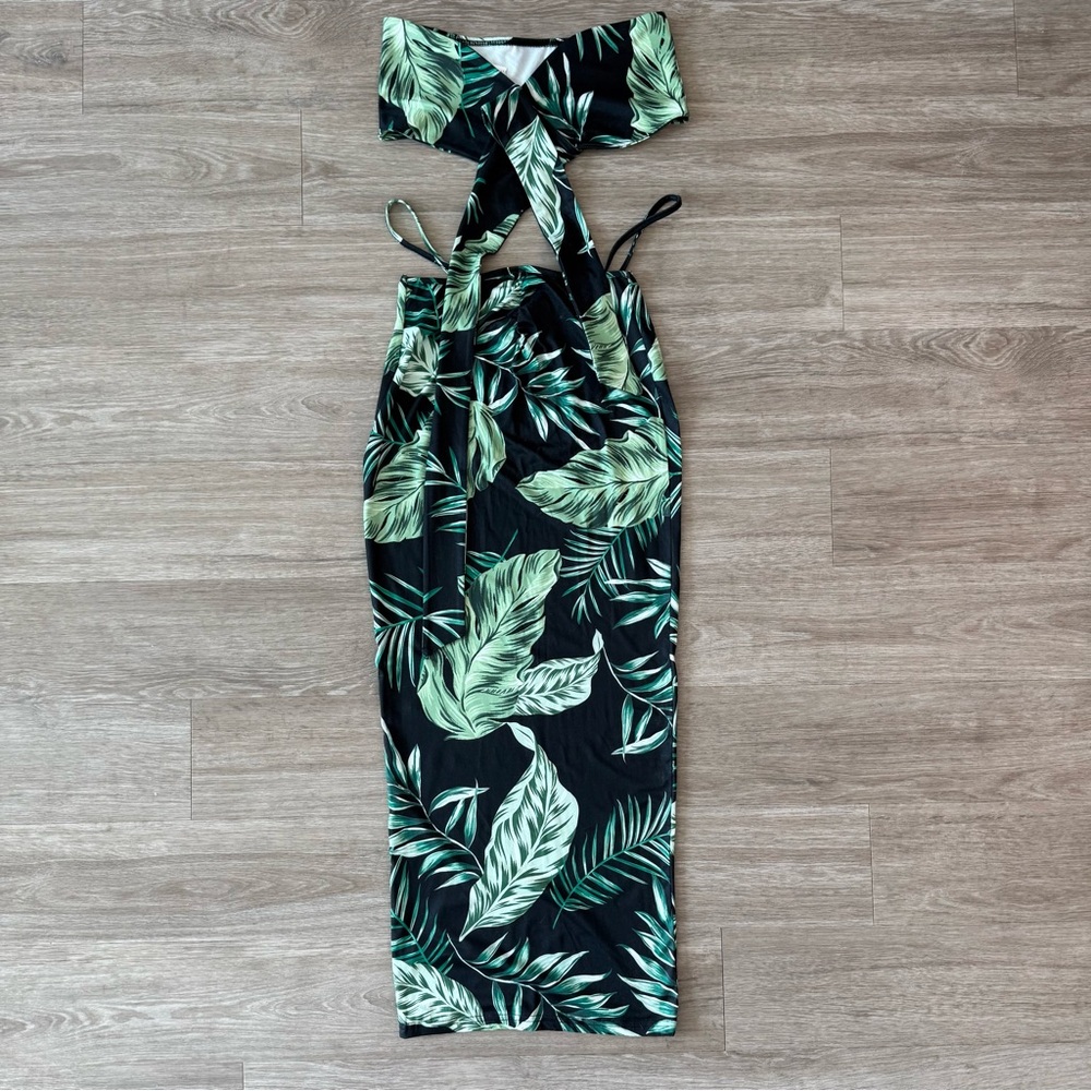 SHEIN Tropical Leaf Print Two-Piece Maxi Set - Black & Green, Size XS